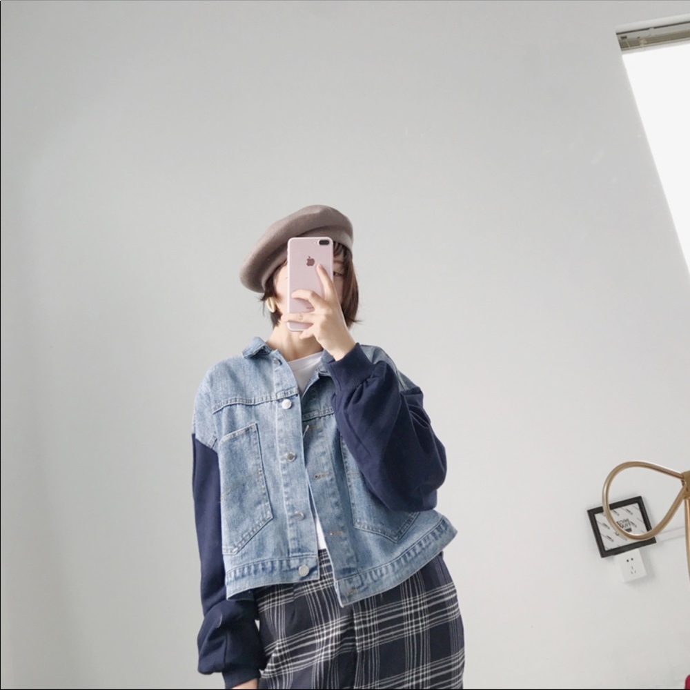 Mixed Material Cropped Denim Jacket - image 1